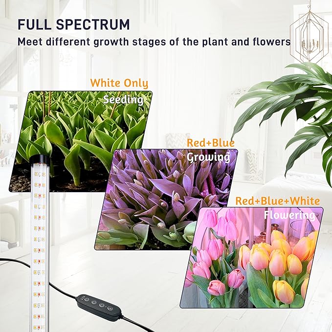 T8 LED Standing Grow Light for Indoor Plants with Timer 42W Full Spectrum Plant Light with 243 LEDs 4FT Height Tripod Stand Wide Coverage Floor Grow Lamp