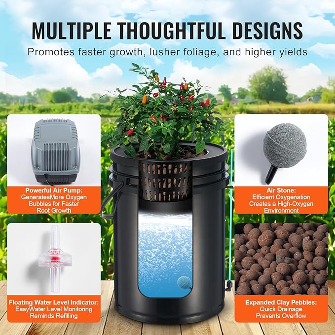 Happybuy DWC Hydroponics Grow System 5-Gallon 4 Buckets Deep Water Culture with Top Drip Kit Air Pump Air Stones Water Level Device for Leafy Vegetables