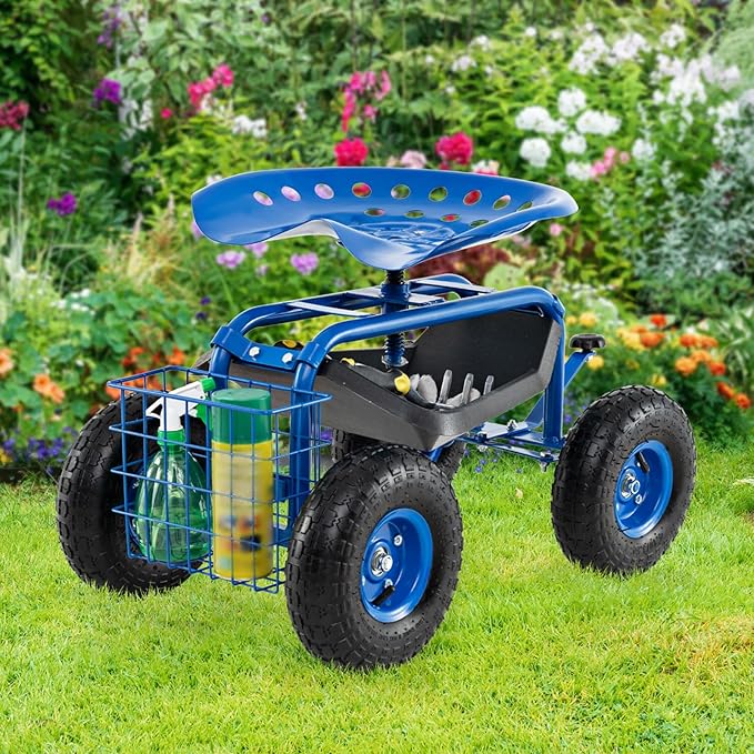 Goplus Garden Seat with Wheels Rolling Garden Cart with 360 Degree Swivel Seat for Planting Gardening Stool w/Tool Tray Basket Gardening Chair Workseat Patio Wagon Scooter for Seniors