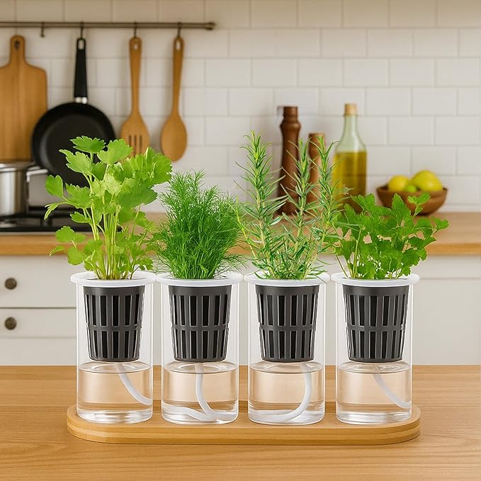 8 Pcs Hydroponic Herb Planter Growing Kit Self Watering Glass Vase with Wooden Stand Herb Garden Starter Kit for Propagating Hydroponic Plants Centerpiece Office Home Garden Decor