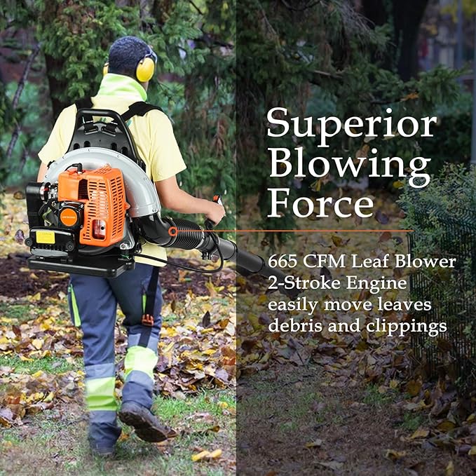 Backpack Leaf Blower 63CC 2-Stroke Engine Gas Leaf Blower High Strength Snow Blower 665 CFM Air Volume 6800R/min Ergonomic Design Handheld Leaf Blower for Dust Snow Debris Outdoor