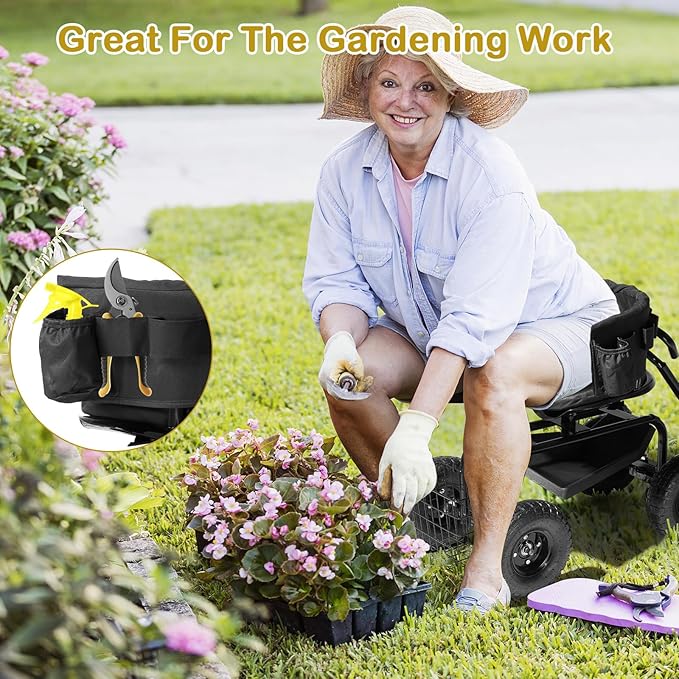 Rolling Gardening Cart with Seat - Utility Garden Tool Tray and Storage BasketGardening Stool for Planting Rolling Stool Gardening Cart with Tool Storage Garden Scooter with 360 Degree Swivel Seat