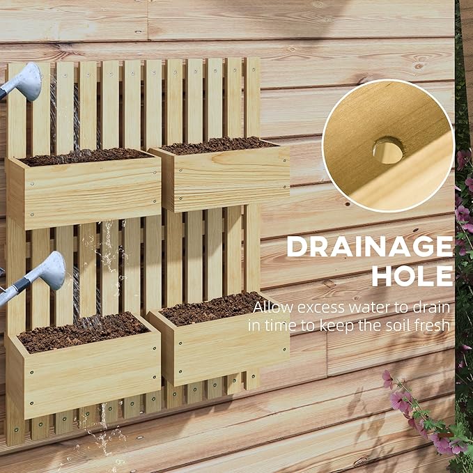 4 Box Raised Garden Bed with for Vine Flowers Climbing Plants 31.5 Tall Wall Mounted Wood Planter Box Set with Adjustable Height Drainage Hole Natural