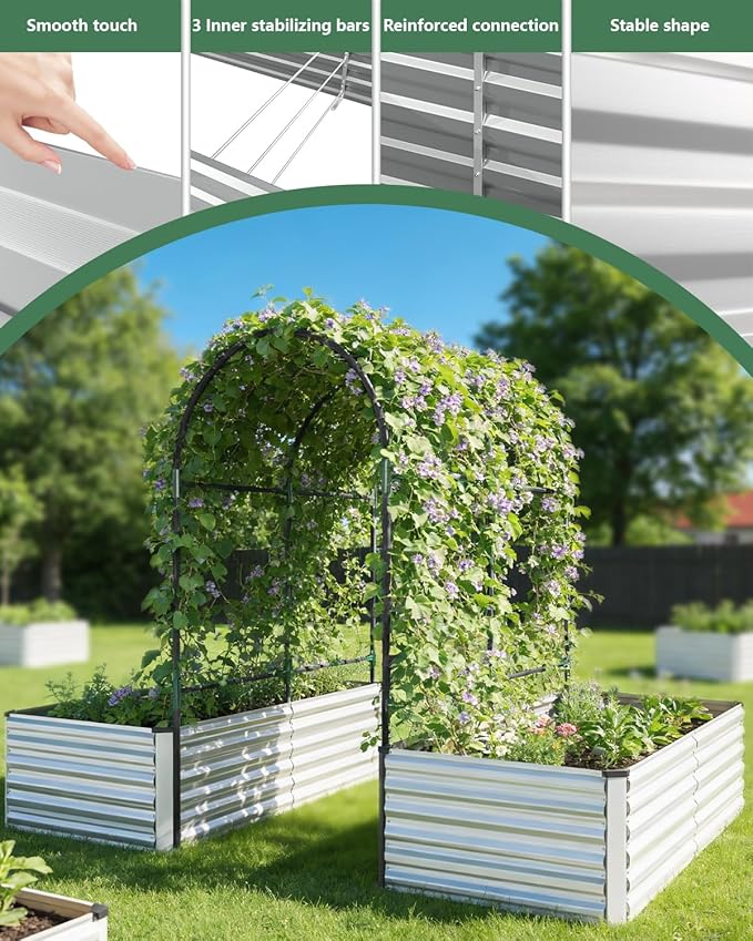 FOOWIN Raised Garden Bed with Arch Trellis for Climbing PlantsGalvanized Raised Garden BedPlanter Boxes Outdoor for Vegetables Flowers Herb478 Gallon Capacity Silver