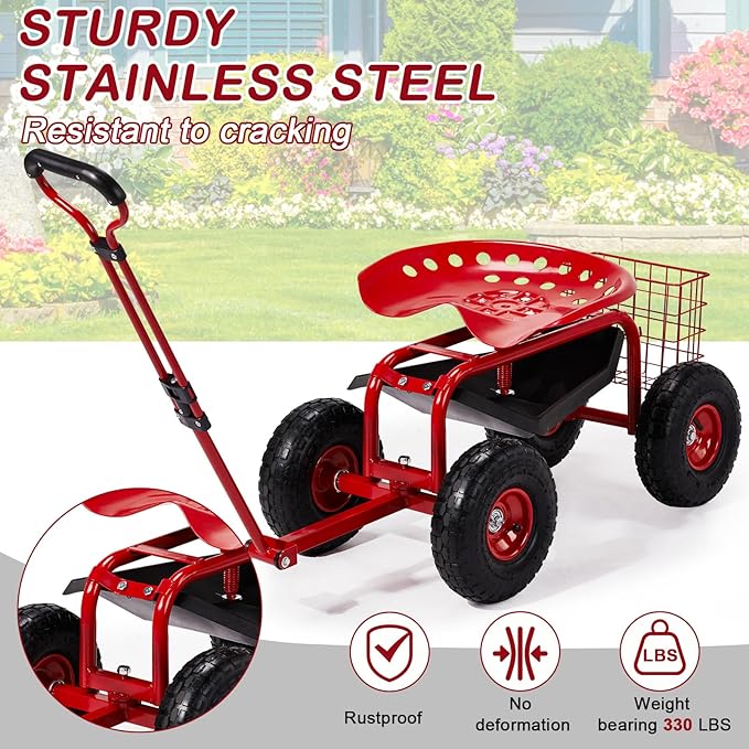 Rolling Garden Cart Wagon Lawn Yard Patio Work Seat Gardening Stool Cart with Storage Basket Adjustable Swivel Seat OutdoorRolling Workseat with Wheels Garden StoolGarden ScooterGarden Seat - Red