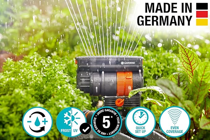 Gardena (69-84BZMX) ZoomMaxx Adjustable Sprinkler with Built in Timer Weighted Base for Precise Watering up to 2300 Sq Ft Compatible with Any Hose Brand Made in Germany 5 Year Warranty