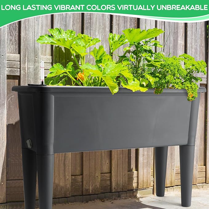 Yungyan 2 Pcs 13.2 Gallon Raised Garden Bed Plastic Planter Box Self Watering Flower Box Deepen Herb Planter Elevated Plant Bed with Removable Legs Water Level Indicator for Vegetable Outdoor Patio