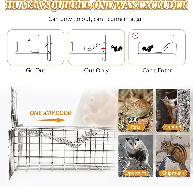 2Sets One Way Squirrel Door Excluders 3 × 3 × 9inch Animal Excluder Cage Humane Squirrels Chipmunks Contactless Excluder for Outdoor Spaces Like Attics Chimneys - Includes Full Installation Kit