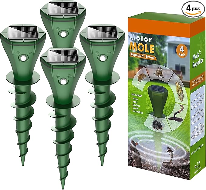 Solar Pest Repeller Stakes (4 Pack) – Outdoor Garden and Lawn Ground Stakes Rodent Deterrent for Moles Gophers Snakes and Burrowing Pests