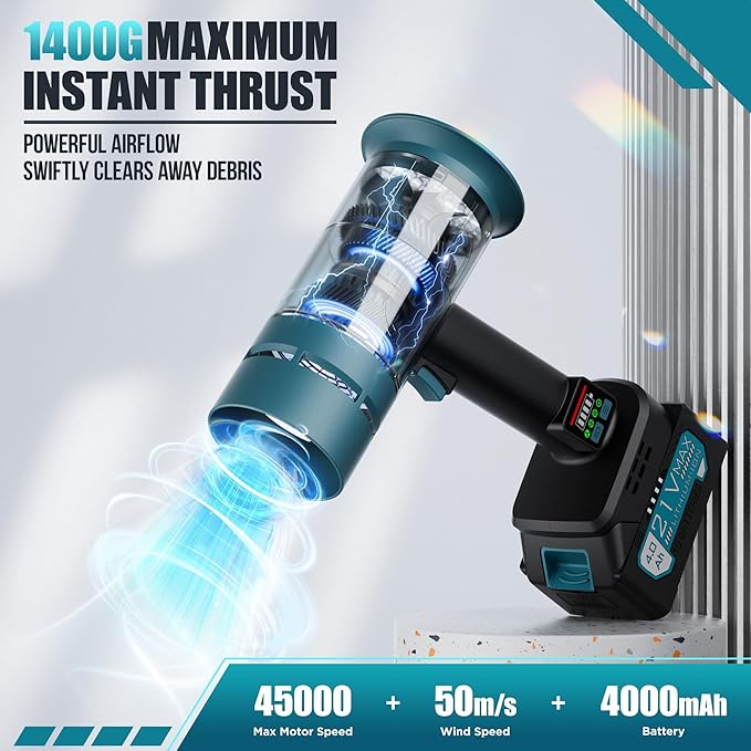 Hamos Powerful Car Dryer Air Blower 670CFM Airflow 4-Speed 4Lb Max Thrust 4.0Ah Battery and Charger 2 Extended Tube &amp LED Super Electric Leaf Blower for Car/Lawn/Garage/Patio/Yard (Dark Blac