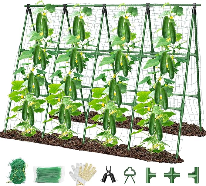71 x 51 Cucumber Trellis for Raised Bed A-Frame Garden Trellis for Climbing Plants Outdoor Rust-Proof Metal Support for Tomato Peas Beans Zucchini &amp Vines with Netting &amp Clips
