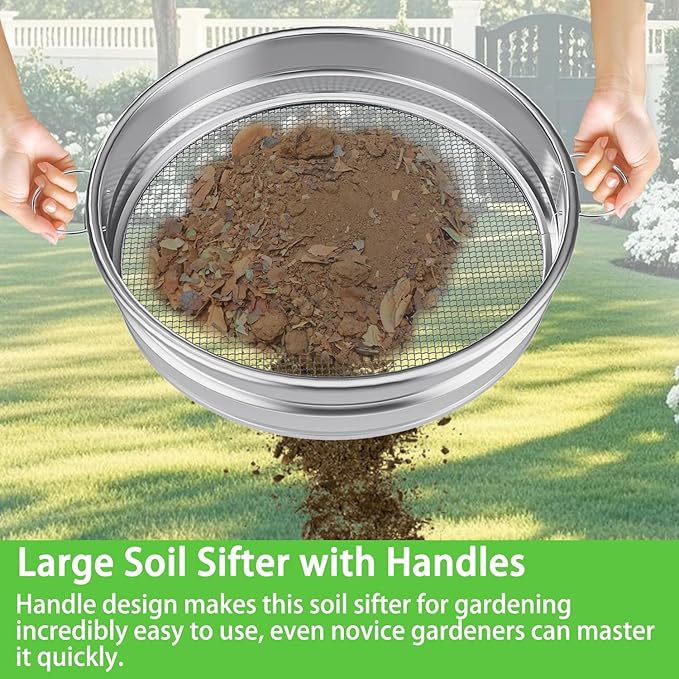 19“ Large Soil Sifter with Handle for Gardening Dirt Sifter Compost Sifter Rock Sand Sifter Wheelbarrow Sifter Garden Soil Sieve Metal Gravel Pellet Worm Sifter Heavy Duty Bin Outdoor