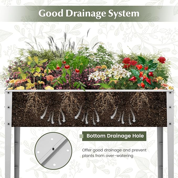 HAPPYGRILL Raised Garden Bed Galvanized Garden Box with Legs Drainage Holes 2 Gloves Outdoor Planter Box for Garden Backyard &amp Patio 46”x 24” x 32” Sliver