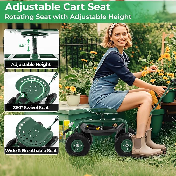 Garden Seat with Wheels Rolling Garden Stool with Extendable Handle Storage Basket &amp Tool Tray Garden Scooter with 360 Degree Swivel Seat for Outdoor Garden
