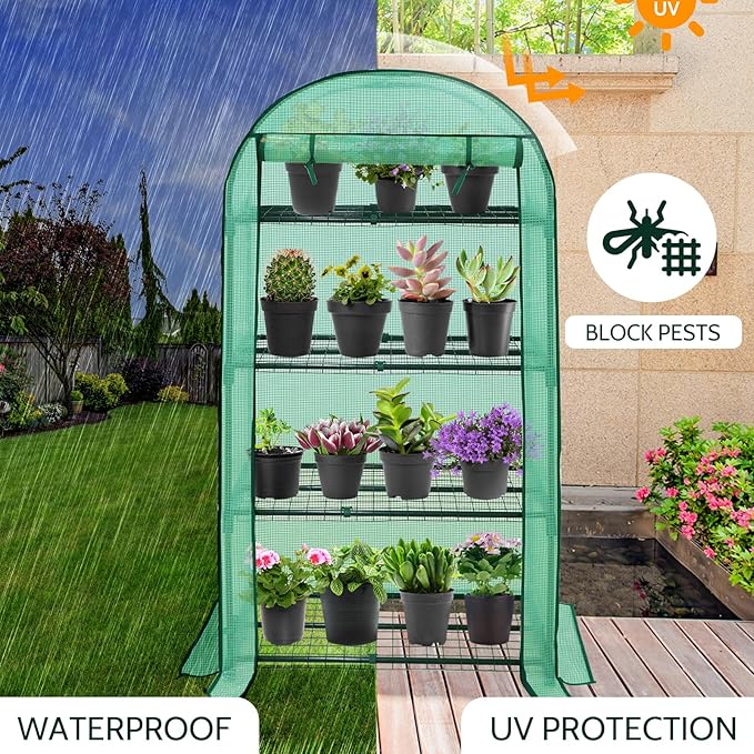 EAGLE PEAK 4-Tier Mini Greenhouse Portable Green House with Shelves &amp Weather-Resistant PE Cover Small Greenhouse for Seedlings &amp Gardening Gifts 32x18x63 in Clear/Green