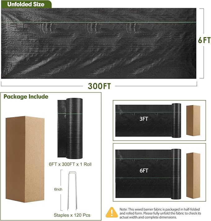 HongWay 6FT x 300FT Weed Barrier Landscape Fabric Heavy Duty Woven Geotextile Weed Blocker Fabric with 120 U-Shaped Securing Pegs Weed Control Mats Ground Cover for Garden Beds Commercial Driveway