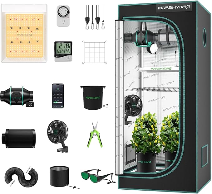 MARS HYDRO 2x2 Grow Tent Kit Complete System with 10 Speed Fan100W Upgraded TS600 LED Dimmable Grow Light24x24x55 1680D High Reflective Mylar Grow Tent4 inch Smart WiFi Control Ventilation Kit