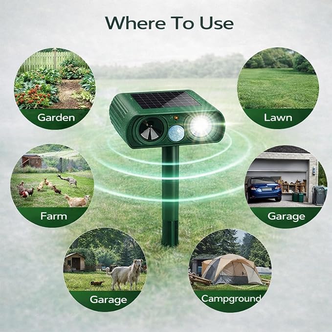 Solar Powered Animal Repellent Motion Sensor for Gardens - Ultrasonic Outdoor Animal Repeller with Adjustable Frequency &amp Waterproof Design - Deer Repellent Devices Protect Yard from Damage