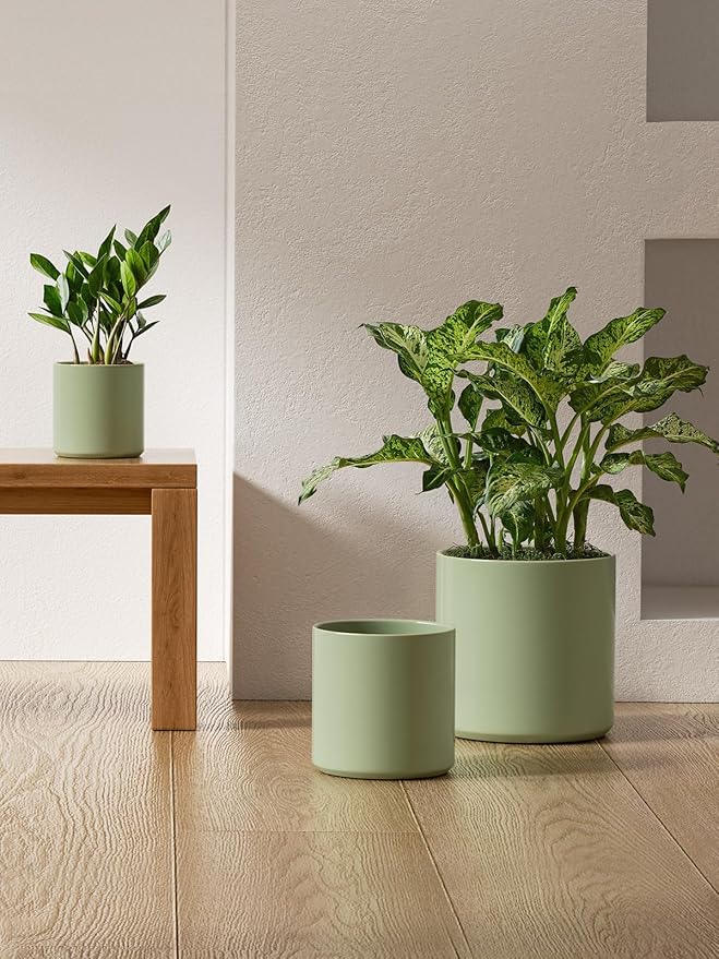 LE TAUCI Ceramic Pots for Plants 10/8/6 Inch Indoor Planters with Draiange Hole Silicone Plug &amp Mesh Pad Modern Minimalist Pots for Home Office Set of 3 Glossy Sage Green