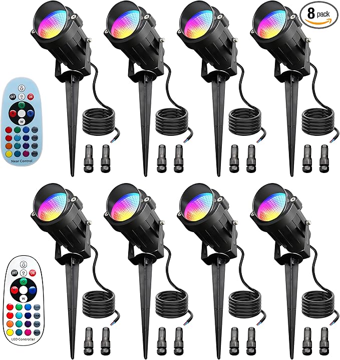 12W RGBW Low Voltage Landscape LightsColor Changing Outdoor Landscape Spotlights12V/24V Garden Tree Uplights for Yard Pathway Patio with Remote8PACK