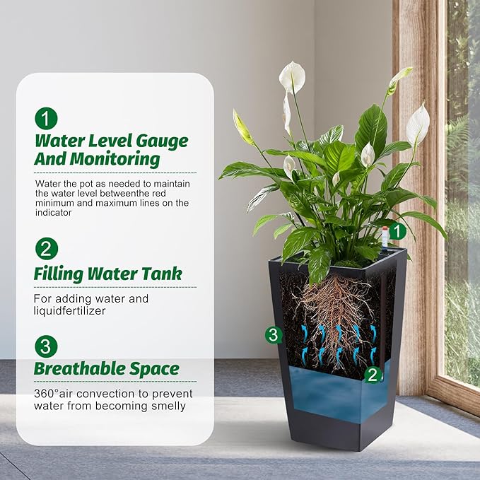 GarveeLife 16 in Tall Planters Set of 2 Outdoor＆Indoor Black Planter Pots High Front Porch Planter Pots with Drainage Holes＆Water Level Monitor＆Inner Bucket Automatic WateringBlack