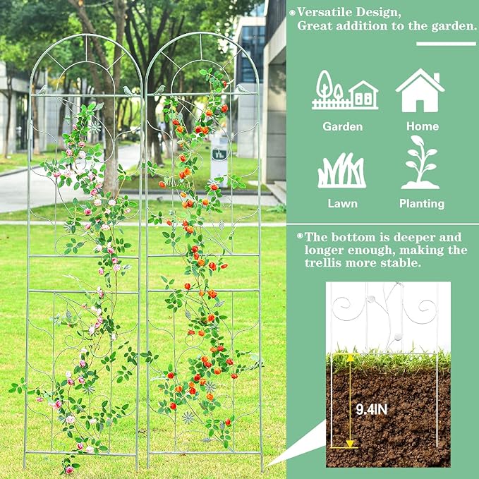 Sungmor Large Metal Garden Trellises for Climbing Plants - 82.5 Inch Tall &amp 2PC Green Pack - Beautiful Retro Style Metal Fence Trellis - Gardening Vines Plant Support for Flower Rose Climbing