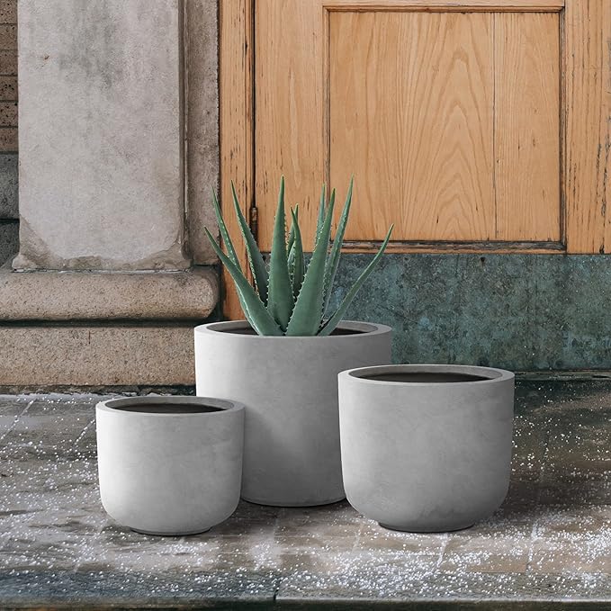 Kante 13119 Dia Natural Concrete Round Planters (Set of 3) Outdoor Indoor Modern Planter Pots Lightweight Weather Resistant Seamless with Drainage Hole