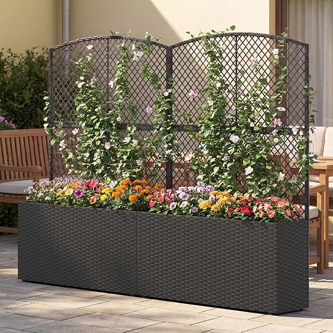 Byroce Raised Garden Bed PE Rattan Planter Box with Lattice Trellis Liner &amp Drainage Outdoor Standing Privacy Planter for Patio Balcony Climbing Plants &amp Hanging Flower (1 Black 40” x 11”