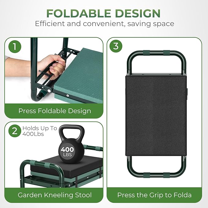Walensee Foldable Garden Kneeler and Seat with Cross-Body Tool Bag &amp Removable Tool Pouch Heavy Duty Garden Stool with Soft Leather Kneeling Pad No Assembly Ideal Gardening Gift for Women &amp