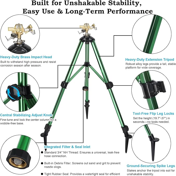 Impact Sprinkler on Tripod Base 360° Adjustable Brass Sprinkler Head with Stakes Heavy Duty Metal Tripod Lawn Sprinkler for Large Area Lawn Yard &amp Garden Irrigation 1 Pack