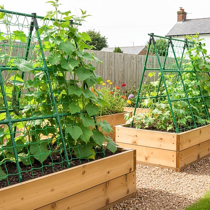 A-Frame Cucumber Trellis for Raised Bed - 47 x 47in Heavy-Duty Detachable Garden Trellis with Netting &amp Clips Support for Climbing Outdoor Cucumber Tomatoes Luffa Bitter Melon Vining Flowers