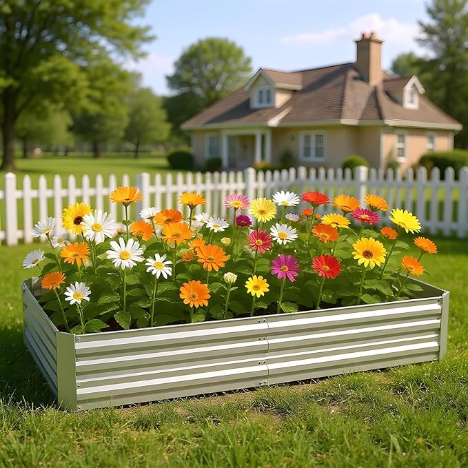 PayLessHere Galvanized Raised Garden Bed Outdoor Elevated Planter 6x3x1FT Vegetable Flower and Herb Planter Box Kit with Galvanized Steel and Metal Pole Reinforcement(Silver)