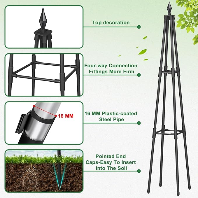 Obelisk Trellis for Climbing Plants 4 FT Garden Trellises with 16mm Thickened Plastic-Coated Metal Pipes Trellis for Climbing Potted Plant Vine Flower Rose Vegetable Tomato Cucumber Outdoor Indoor