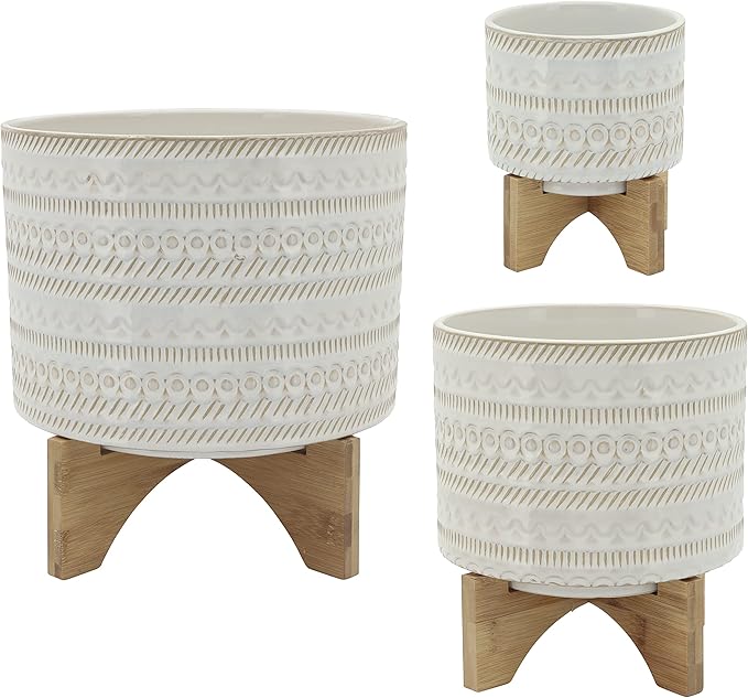 Generic 10 Tribal Planter W Wood Stand Beige