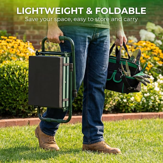 Walensee Foldable Garden Kneeler and Seat with Cross-Body Tool Bag &amp Removable Tool Pouch Heavy Duty Garden Stool with Soft Leather Kneeling Pad No Assembly Ideal Gardening Gift for Women &amp