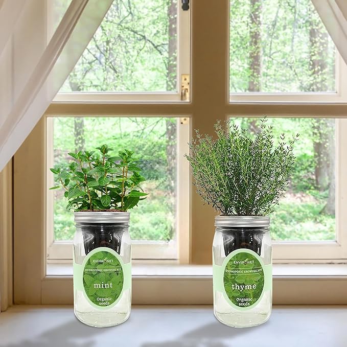 2-Pack Hydroponic Mason Jar Herb Garden Kit Indoor Herb Garden Self-Watering Starter Kit New Christmas Gift for Mom (MintThyme)