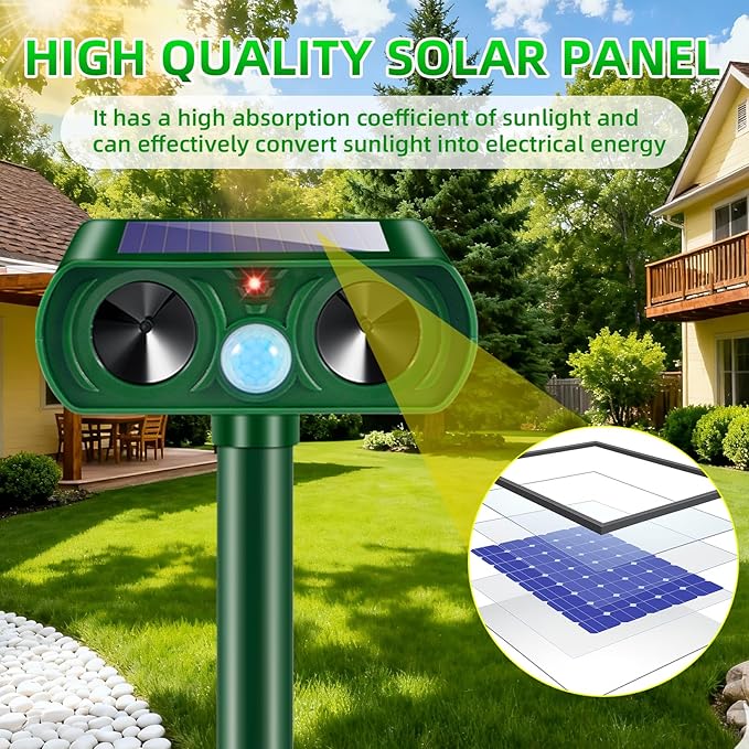 2 Pack Solar Ultrasonic Animal Repeller Outdoor Cat Deer Repellent Devices with Motion Sensor IP65 Waterproof Animal Deterrent Devices for SquirrelsRabbitsDogsRaccoonsSkunks for Garden Yard Farm