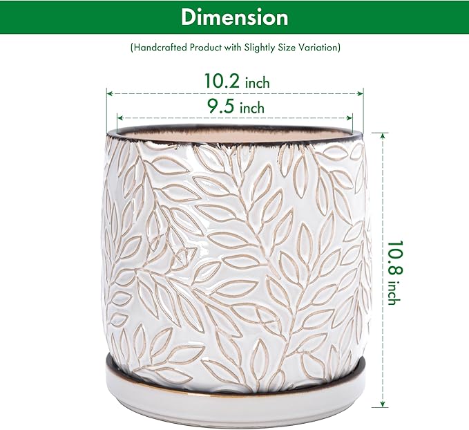 D'vine Dev 10 Inch Embossed Leaves Stoneware Planter Pot with Drainage Hole and Saucer Smoked White 27-A-P-1