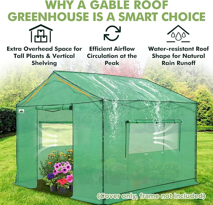 EAGLE PEAK Replacement Cover for 10x10 Gable Roof Pop up Greenhouse Front and Rear Roll-Up Zipper Entry Doors and 2 Large Roll-Up Side Windows (Frame Not Included) Green