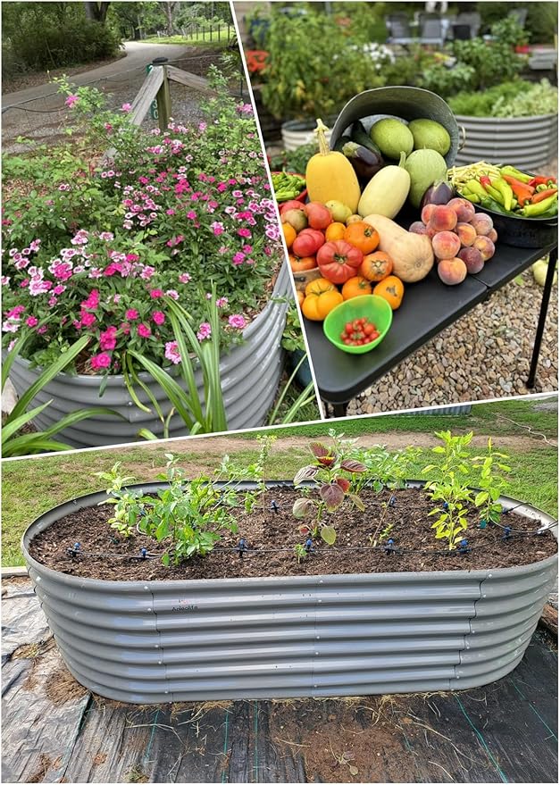 A ANLEOLIFE 8X4X2 ft Galvanized Raised Garden Beds Outdoor Oval Large Metal Deep Root Planter Box for Planting Vegetables Flowers Herb Anti-Rust &amp Easy-Setup Quartz Grey