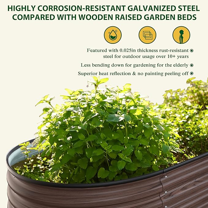 BlueWish 8x2x1FT Raised Garden Bed 11.1” H Galvanized Raised Garden Bed with Bottomless Rubber Strip 9-in-1 Modular Raised Planter Box Outdoor for Vegetable Flower Rustic Brown