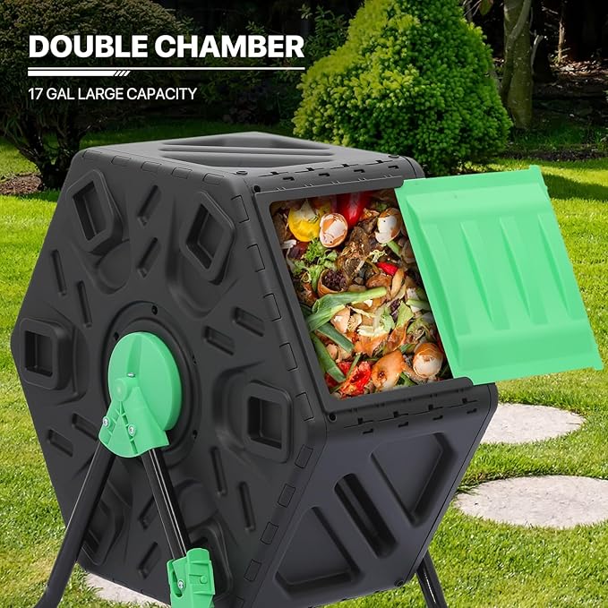 MoNiBloom 17 Gallon Single Compost Tumbler BPA Free Outdoor Light Weight Compost Bin w/Sliding Door All-Season Fast Working Rotating Chamber Composters for Garden Patio