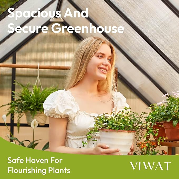 VIWAT 6x7.5 FT Greenhouse for Outdoors Polycarbonate Greenhouse with Quick Setup Structure and Roof Vent Aluminum Large Walk-in Green House for Outside Garden Backyard Black