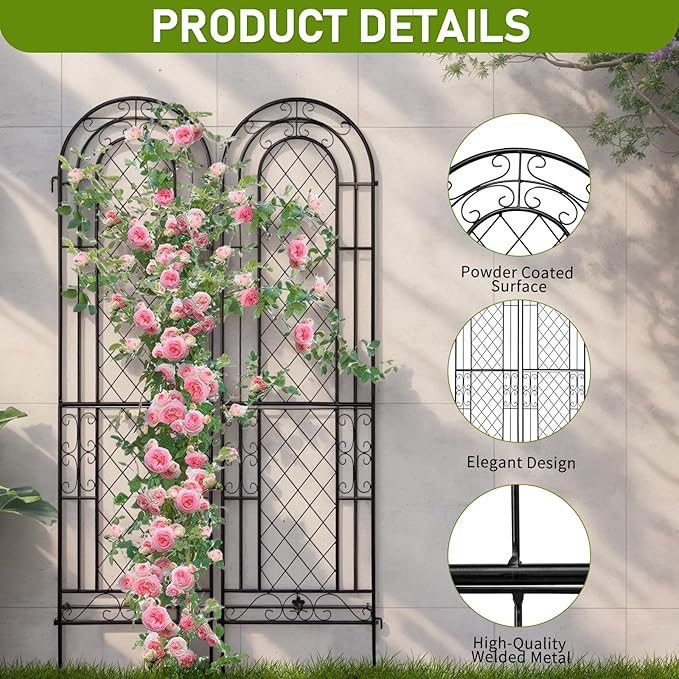 EEBABUO 2-Pack Rustproof Iron Garden Trellis for Climbing Plants - 16x61 Inch Sturdy Metal Plant Support with Arched Design &amp Easy Installation (Black)
