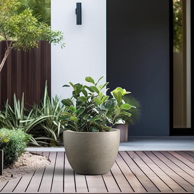 Kante 14.2 Inch Round Concrete Planter - Classic Large Indoor/Outdoor Plant Pot with Drainage Hole and Rubber Plug Suitable for Gardens and Patios Weathered Concrete