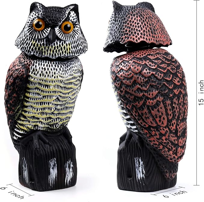 Hedoc 2 Pack Fake Owl Decoys to Scare Birds Away(15 inch) Rotating Head Sculptures Nature Enemy Scarecrow Plastic Statues Pest RepellentPigeon Deterrent Outdoor Yard Garden Protectors