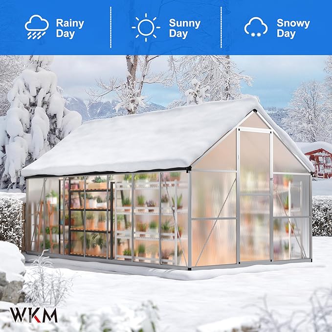 WKM Greenhouse for Outdoors - 8x14 FT Quick-fit Structure with Window for Ventilation Polycarbonate Aluminum Frame Silver