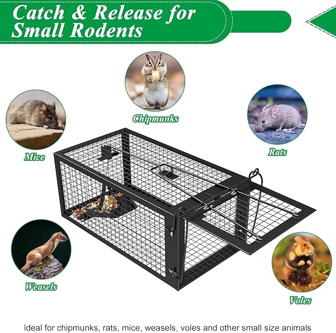 2 Packs Humane Rat Trap Outdoor Mouse Traps Indoor Use Rodent Chipmunk Traps for Small Live Animal Catch and Release - Black