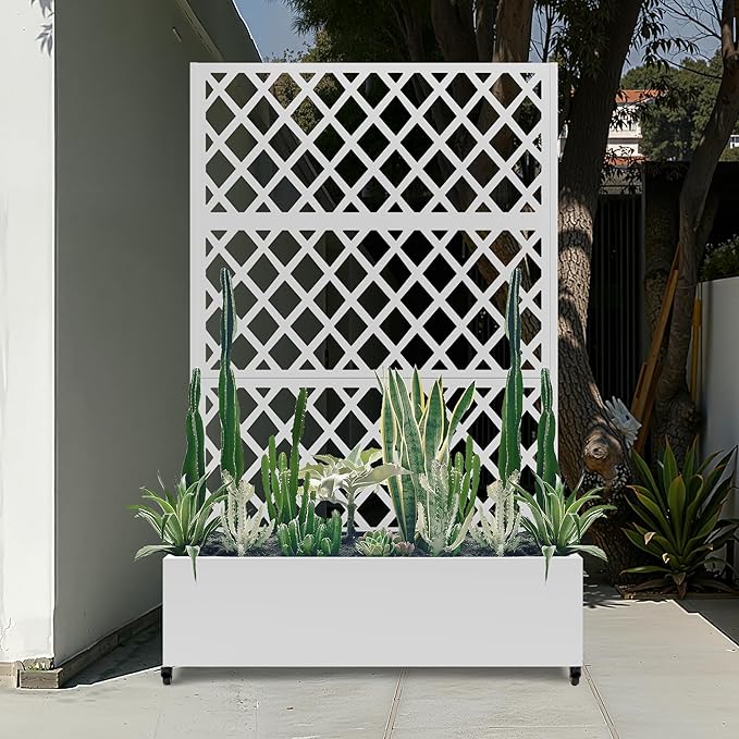 Metal Large Planter Box with Trellis for Climbing Plants Vegetables Raised Garden Bed with Privacy Screen 47L×16W×71H Garden Boxes with Wheels &amp Drainage Hole (White Diamond Lattice)