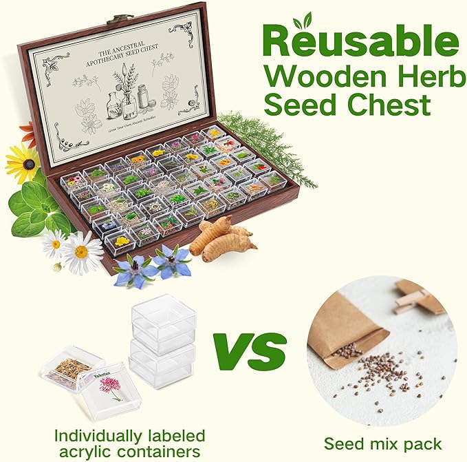Lush&ampDew Ancestral Apothecary Medicinal Tea Herb Seed Chest 36000+ Non-GMO Survival Seed Kit Gardening Gifts for Women Men 40 Types Heirloom Garden Seeds for Planting Herbs Raised Bed Windows